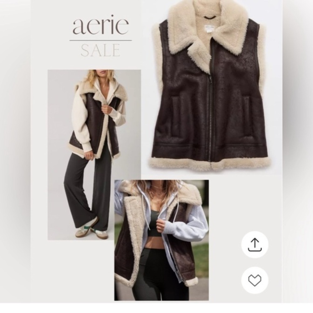 Offline by Aerie Faux Leather Sherpa Vest Brown Pockets Zip Close NWT XL